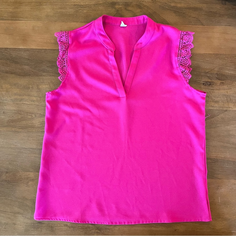 NWOT V Neck Blouse with Lace Detail - Womens medium - Dark pink top